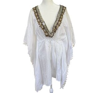 Moda International Swim Coverup M/L White Beaded Boho Kaftan Tunic Pom Pom Beach